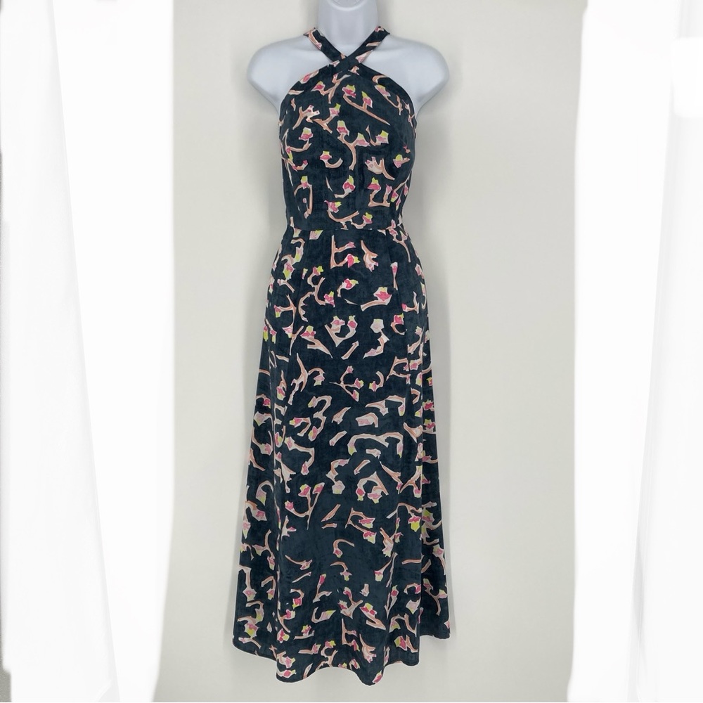CAbi Aurora Maxi Length Dress Halter Smocked Adjustable Straps Pockets Print 6